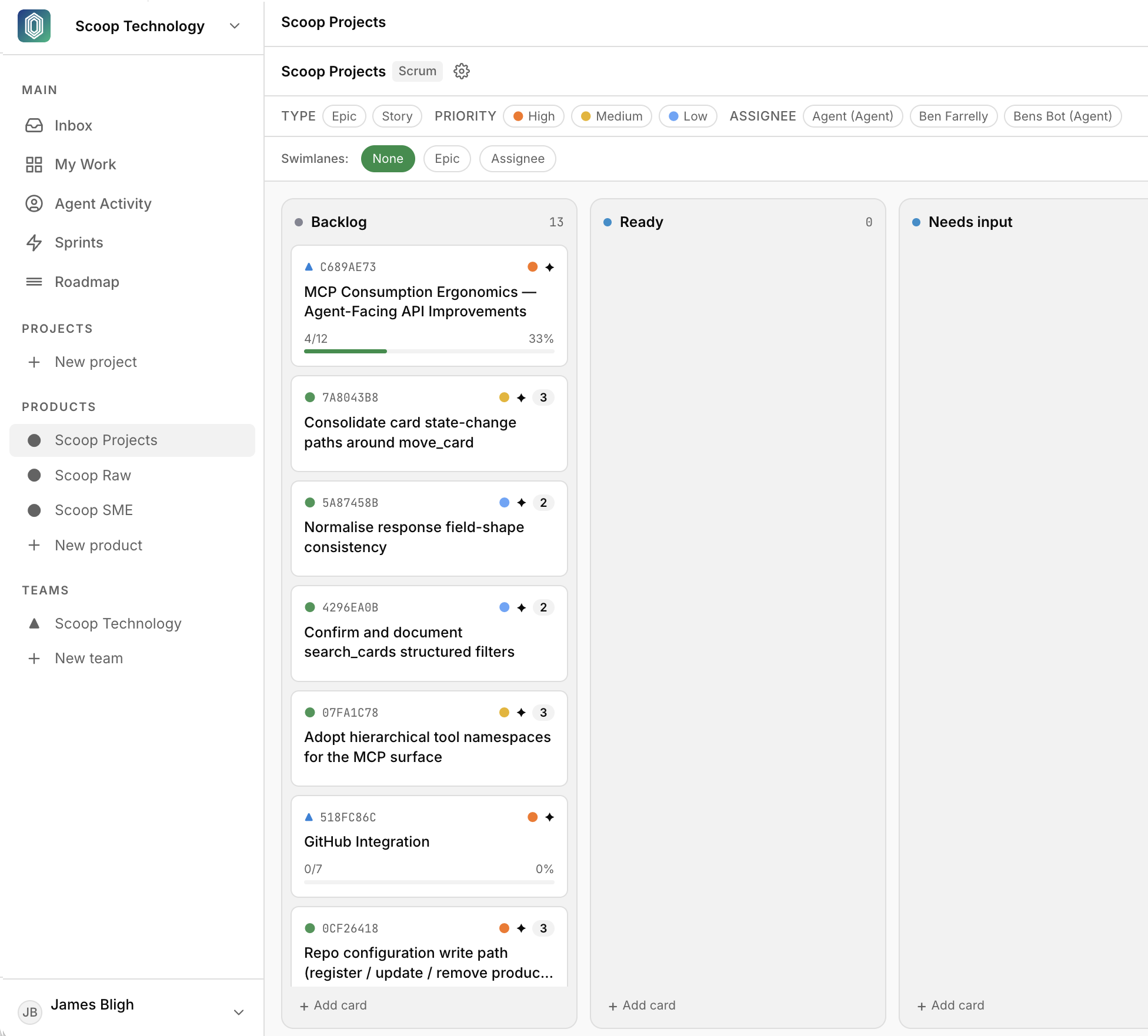 Scoop Projects board showing cards moving through a governed delivery workflow
