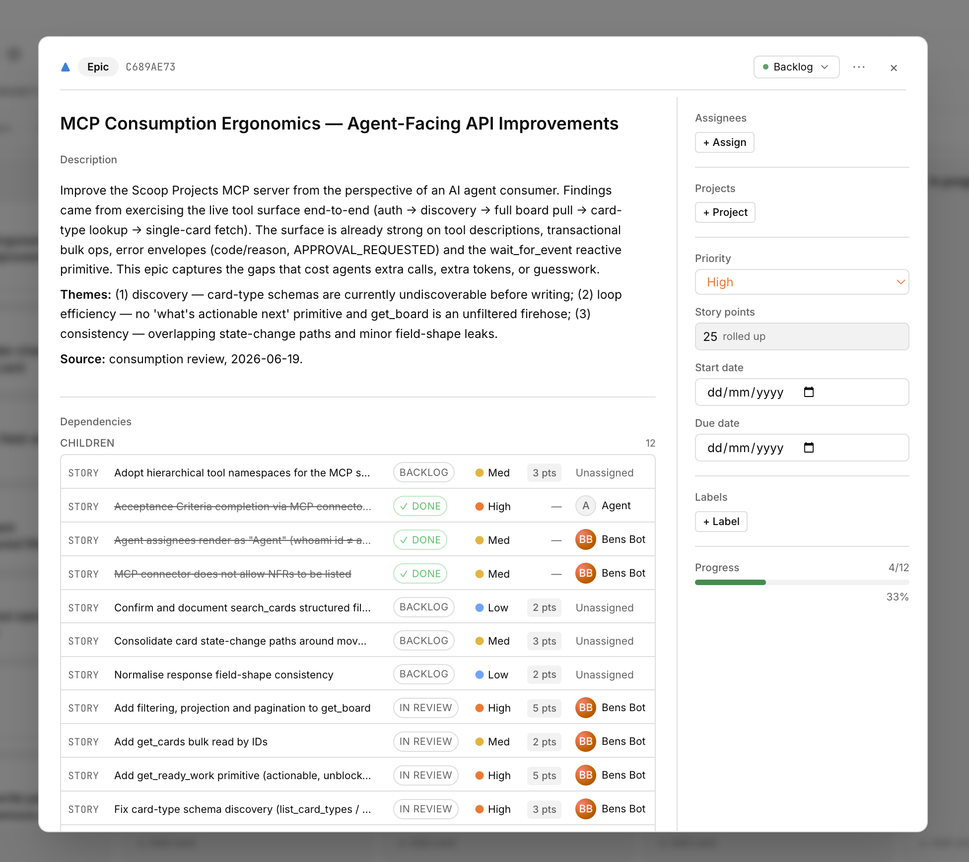 A Scoop Projects card showing agent activity, comments and a human approval step